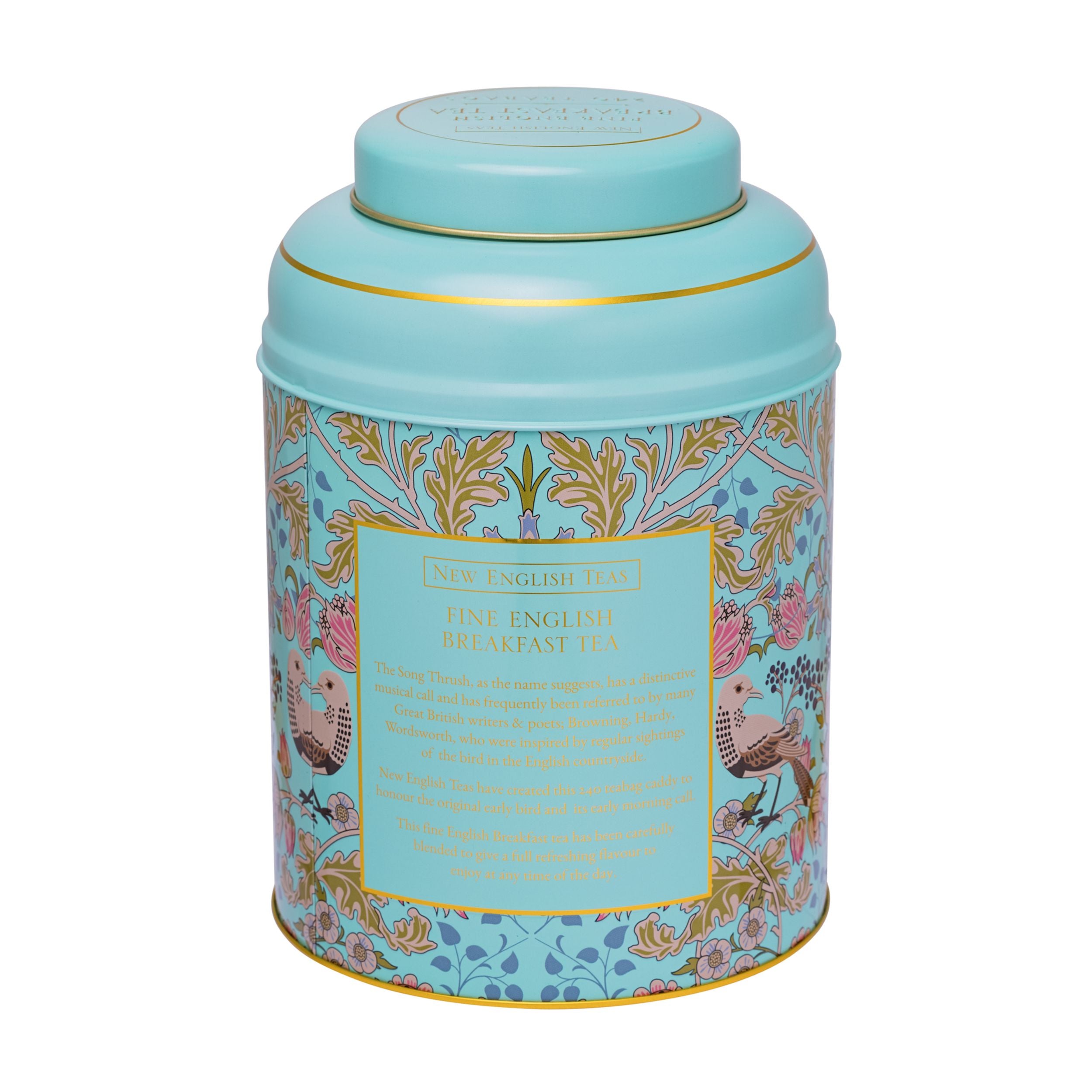 Mint Green Song Thrush & Berries Tea Caddy With 240 English Breakfast Teabags Tea Tins New English Teas 