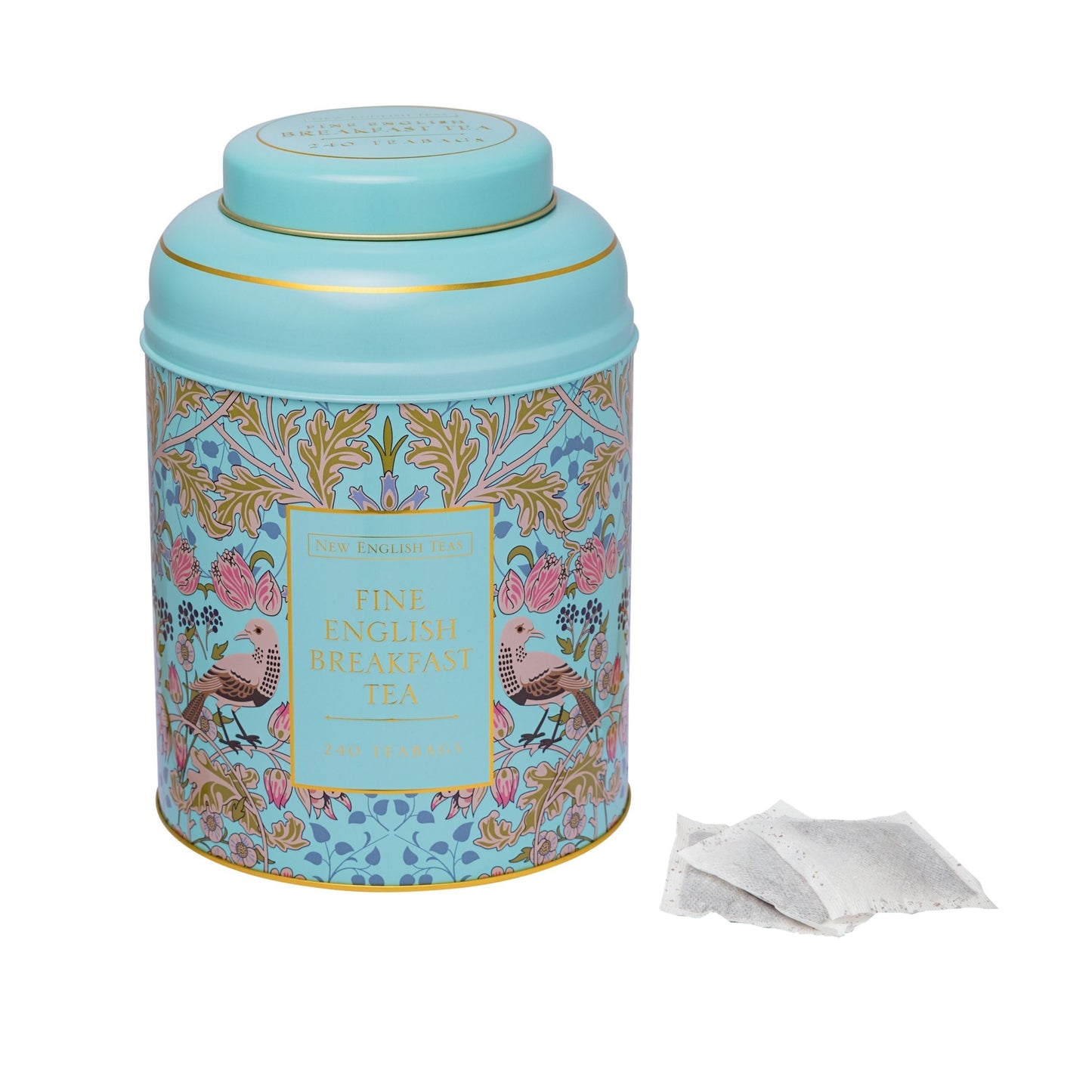 Mint Green Song Thrush & Berries Tea Caddy With 240 English Breakfast Teabags Tea Tins New English Teas 